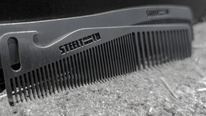 A set of two combs the Flagship Steeltooth comb and the Retro Apex comb. One comb has wide teeth while the other has a handle offering for versatility.