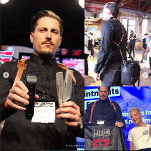 Brain Basile at Barbercon with a triple pack of combs