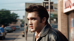 Elvis at the age of 30 in modern Downtown Austin, Texas. 