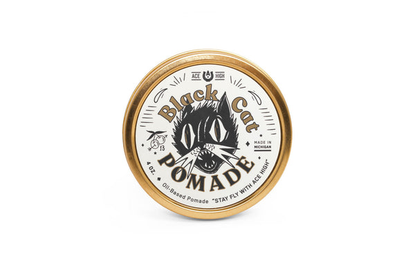 Ace high black cat oil based pomade front view in a gold tin can. 