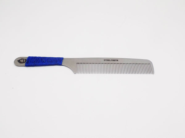 A Steeltooth comb with a blue handle to provide extra grip