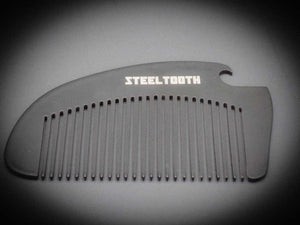 A steel pocket comb powder coated in black with a bottle opener. 